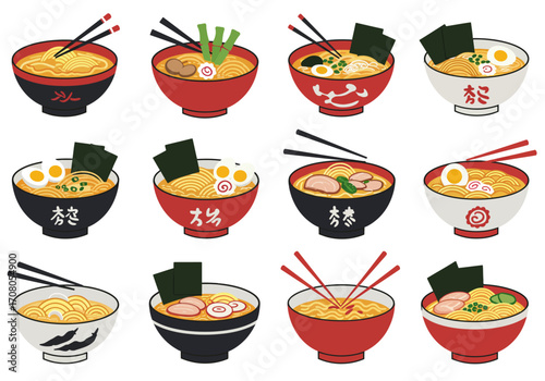 Assorted Bowls of Ramen Noodle Soup with Various Toppings and Chopsticks 1.