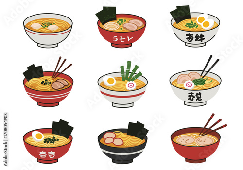 Assorted Bowls of Ramen Noodle Soup with Various Toppings and Japanese Characters.