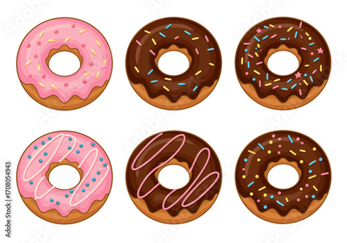 Assorted Cartoon Donuts with Pink and Chocolate Frosting and Sprinkles.