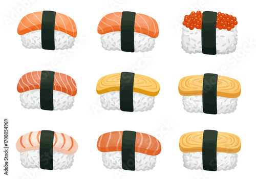 Assorted Nigiri Sushi with Salmon Egg and Roe Toppings.