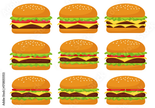 Assortment of Delicious Cartoon Burgers with Various Toppings and Sesame Seed Buns.