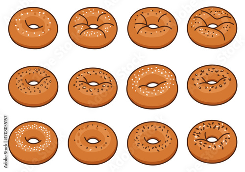 Cartoon Bagels with Various Toppings Freshly Baked and Delicious.