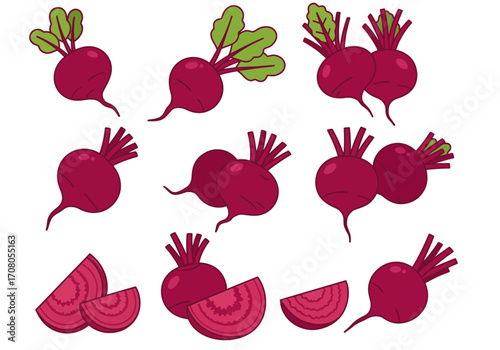 Cartoon Beetroot Collection with Green Leaves and Sliced Pieces.