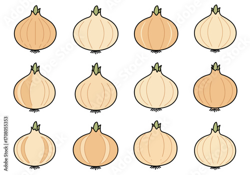 Cartoon Illustration of Twelve Golden Onions with Green Stems.