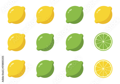 Cartoon Lemons and Limes Arranged in a Grid Pattern.