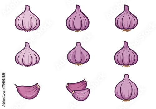 Cartoon Garlic Bulbs and Cloves with Purple Hue and Dark Outlines.