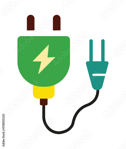 Green Energy Electric Plug and Adapter Icon. Flat illustration for sustainable power, device charging, and eco-friendly technology.