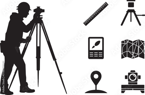 Surveyor Silhouette with Surveying Instruments Icons Set on Transparent Background