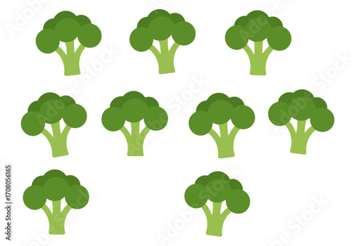 Simple Green Broccoli Florets Arranged on White Background.