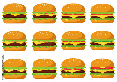 Twelve Cartoon Burgers with Lettuce Cheese Tomato and Sesame Seed Buns.