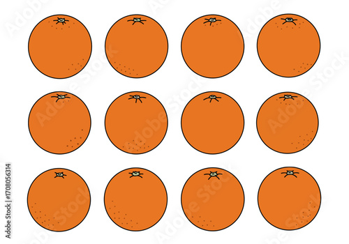 Twelve Cartoon Oranges in a Grid Pattern on White Background.