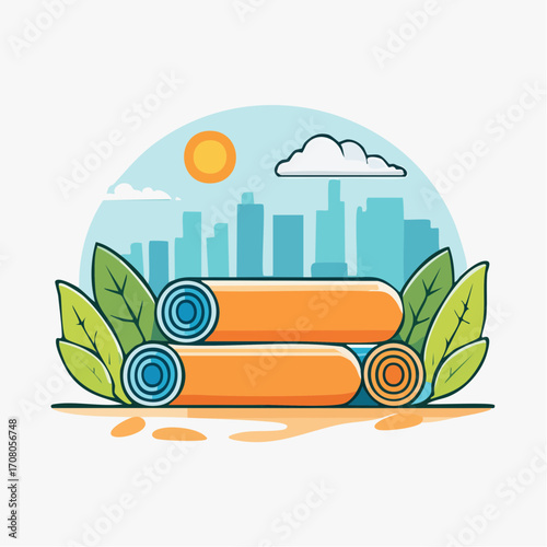 Two Orange Yoga Mats On Ground With Cityscape View