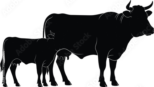 Silhouette of a cow with calf standing together, isolated on white background, perfect for farm animal vector, livestock illustration, rural agriculture design.