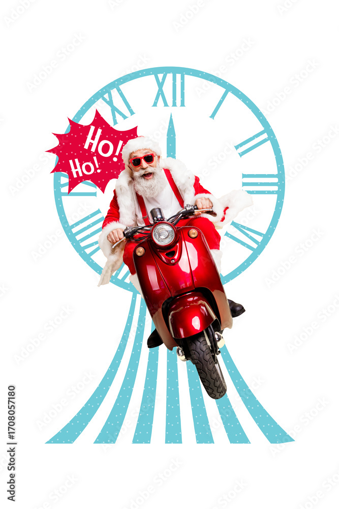 Fototapeta premium Vertical collage image elder man santa claus ride scooter moped hoho xmas crhistmas new year holiday fast speed delivery presents
