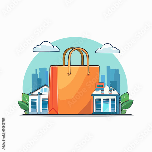 Large Orange Shopping Bag With Buildings And Cityscape