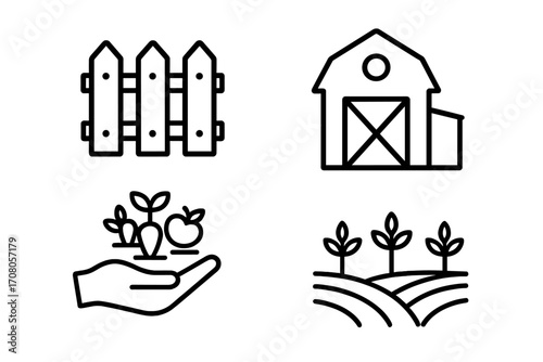 Agriculture line icon collection with fence, barn, harvest, and plantation. Farming and cultivation concept for web, apps. Vector outline pictogram set for organic food.