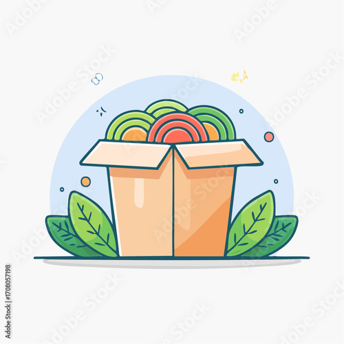 Colorful Noodles in Brown Cardboard Container with Green Leaves on Blue Background