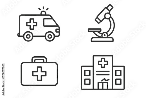 Medical icon set with ambulance, hospital, microscope, and first aid kit. Healthcare and emergency concept symbols. Outline vector graphics for web, mobile, and print.