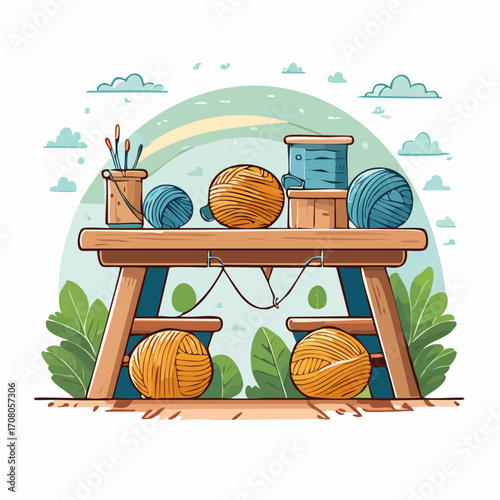 Yarn Balls and Knitting Supplies on Wooden Table Outdoors