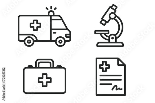 Medical and healthcare thin line icon set. Ambulance, microscope, first aid kit, doctor prescription symbols. Emergency, hospital, and science concept. Editable stroke vector icons.