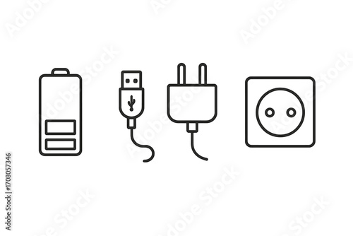 Vector icon set of battery charging elements. USB cable, wall charger, and power outlet line icons. Energy, electricity, and mobile technology concept illustration. Editable stroke.