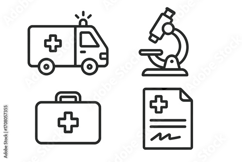 Medical and healthcare line icon set. Ambulance, microscope, first aid kit, and prescription icons. Vector symbols for hospital, emergency, clinic, science, and diagnosis.