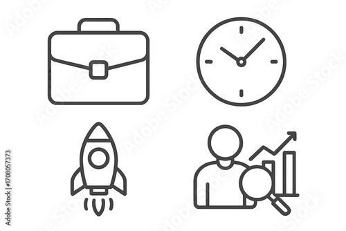 Business icon set for startup success. Time management, project launch, and data analysis concepts. Vector outline icons for web design, apps, and marketing materials.