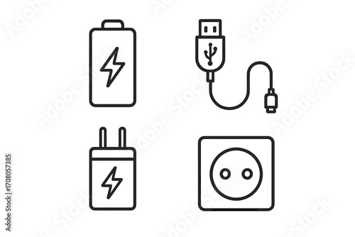 Power and charging thin line icon set. Battery, USB cable, wall charger adapter, and electric socket. Energy and electricity concept for UI, UX, web, and app design. Editable stroke vector.