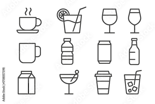Beverage and drink thin line icon set. Coffee, tea, juice, soda, water, wine, cocktail, milk icons. Minimalist outline symbols for cafe menu, bar, restaurant. Editable stroke vector pictograms.