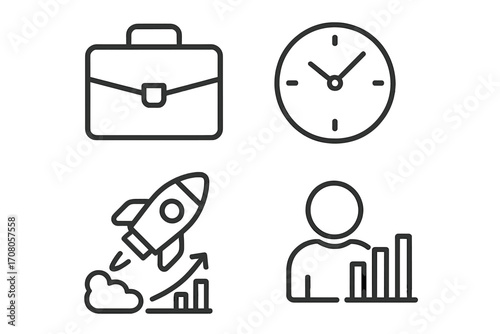 Business startup line icon pack. Modern thin linear icons for web, apps. Contains symbols of career growth, time management, financial analysis, project launch, success.