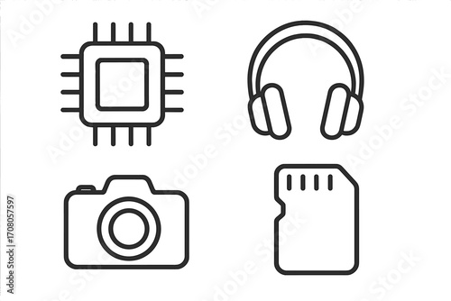 Set of technology line icons. Microchip processor, headphones, photo camera, SD memory card. Simple outline symbols for digital media, web design, apps. Vector graphic pack.
