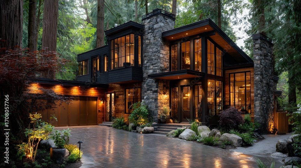 Obraz premium Luxurious modern house with stone and wood accents is nestled in a forest. Its beautifully landscaped driveway is illuminated with ground lights.