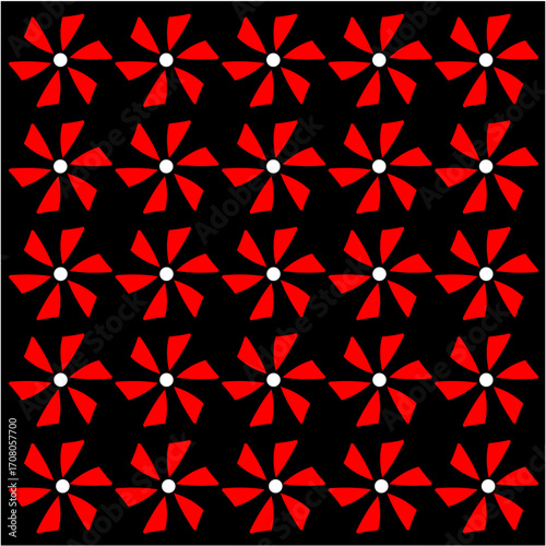 Bright red five-petal pinwheel shapes with white centers spin across a dark black background, creating rhythm, energy, and vibrant optical harmony.