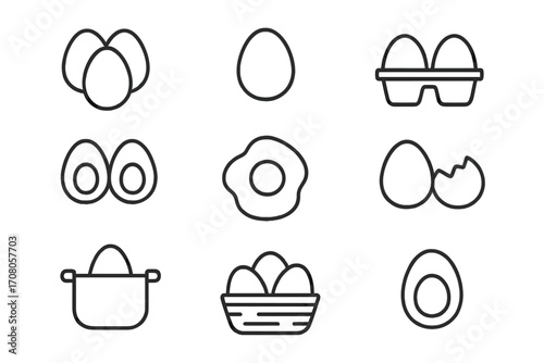 Egg food line icon set. Breakfast cooking ingredient. Editable stroke. Vector linear graphic for web, app. Fried, boiled, broken eggs. Carton, basket, pot illustration.