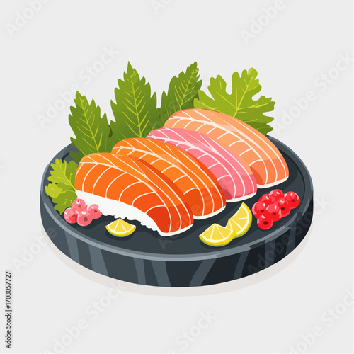 Slices Of Raw Salmon Tuna And Lemon On A Black Round Plate