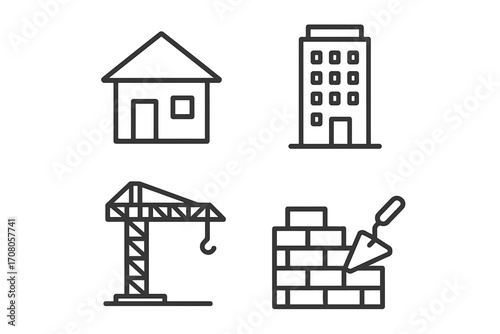 Construction and building line icon set. Vector symbols for real estate, architecture, and development. Features house, office, tower crane, and bricklaying pictogram. Editable stroke.