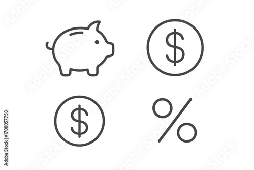 Finance and savings line icon set. Piggy bank, dollar coin, and percent sign pictogram collection. Editable stroke vector for business, banking, investment, and economy.