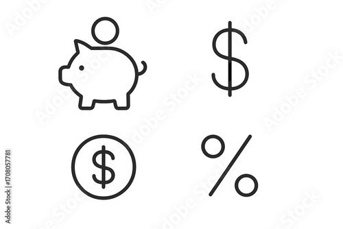 Simple finance line icon set. Piggy bank for savings, dollar coin, money sign, and percent symbol. Minimalist vector pictogram for banking, investment, economy. Editable stroke.