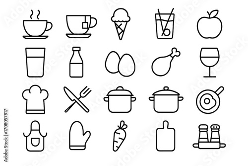 Food and cooking line icon set. Kitchenware, restaurant menu elements, and gastronomy symbols. Vector outline pictogram collection for web and apps. Culinary foodstuff icons.