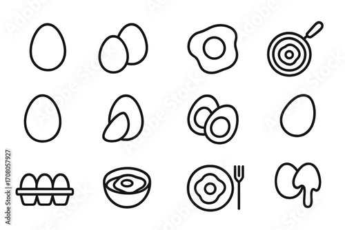 Egg icon set. Food line icons for breakfast and cooking. Vector linear symbols of fried, boiled, poached and raw eggs. Minimalist outline pictogram collection for web design.