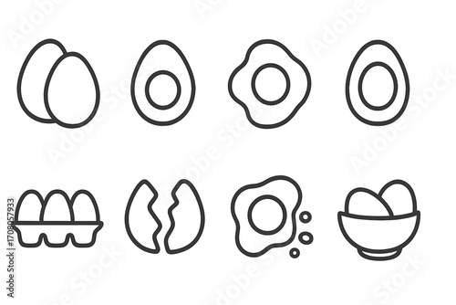 Egg line icon collection. Food and breakfast symbol set. Cooking ingredients pictograms. Fried, boiled, cracked egg. Egg in carton. Healthy protein nutrition concept vector.