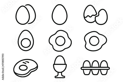 Egg icon line set. Breakfast food collection for design. Vector illustration. Fried, boiled, broken, raw egg, yolk. Avocado slice, egg cup, carton. Cooking symbol.
