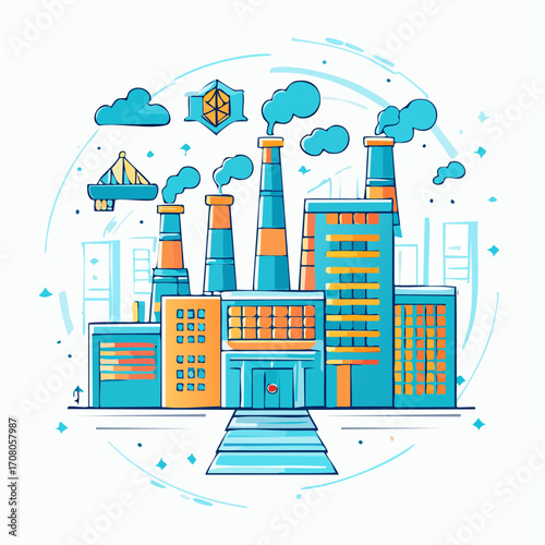 Modern Industrial Factory With Smoking Chimneys In City Landscape