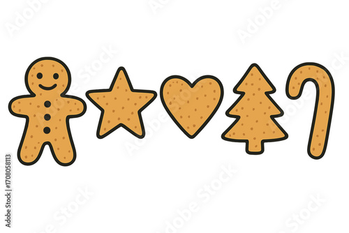 Christmas cookies vector set. Hand-drawn gingerbread man, star, heart, tree, candy cane shapes. Festive holiday baking cartoon illustration. Sweet dessert food graphic elements.