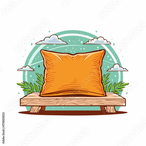 Orange Pillow On Wooden Bench With Clouds