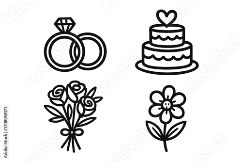 Set of hand-drawn wedding icons. Vector cartoon illustration of marriage symbols like engagement rings, cake, flowers, and rose bouquet. Line art for love celebration.