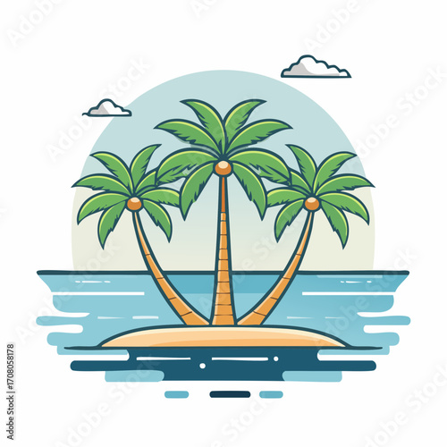 Three Palm Trees On Tropical Island With Ocean And Clouds