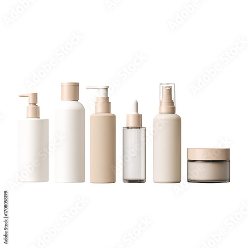 Assorted cream, serum, and lotion bottles in muted beige and white
