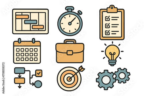 Project management icon set. Hand drawn business concept. Gantt chart, stopwatch, calendar, checklist, idea, goal, process symbols. Workflow, planning, strategy vector.