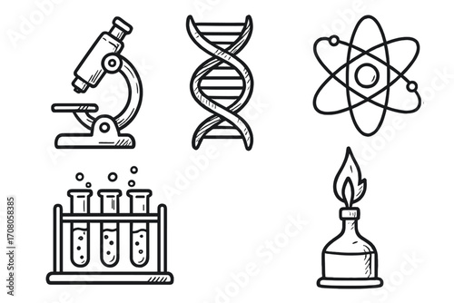 Hand drawn science icon set. Vector cartoon illustration of microscope, DNA, atom, test tubes, bunsen burner. Doodle sketch for chemistry, biology, physics, lab research.